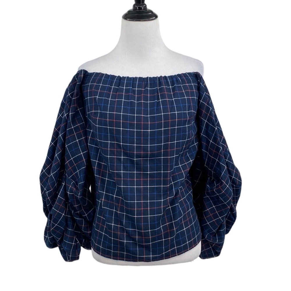 🇺🇸 Petersyn Navy Plaid Off Shoulder Puff Sleeve Top ✨ Size XS
